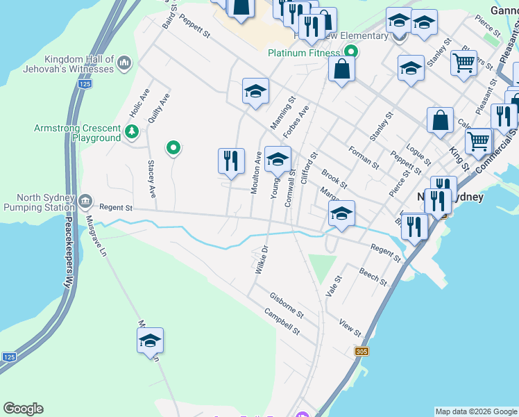 map of restaurants, bars, coffee shops, grocery stores, and more near 73 Regent Street in North Sydney