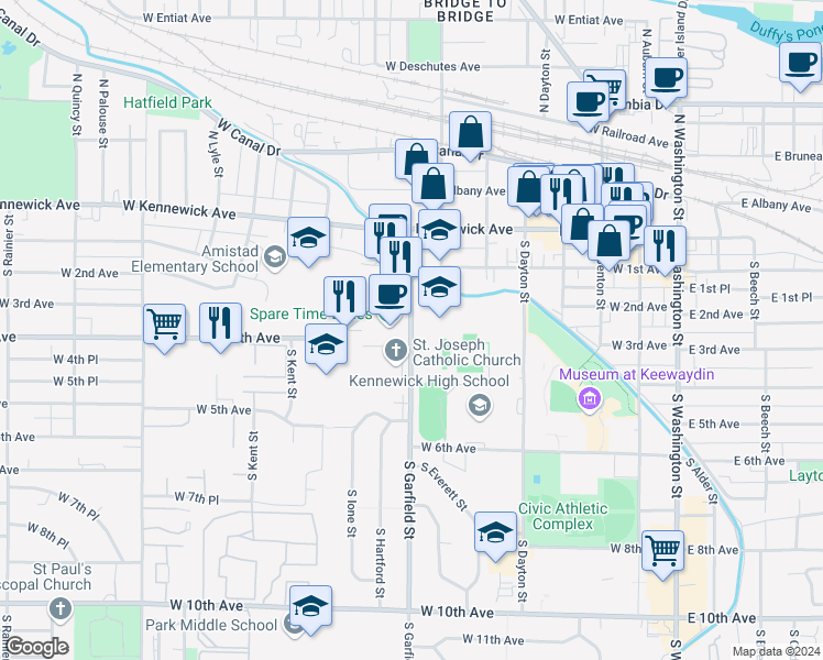 map of restaurants, bars, coffee shops, grocery stores, and more near 201 South Garfield Street in Kennewick