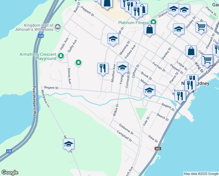 map of restaurants, bars, coffee shops, grocery stores, and more near 87 Regent Street in North Sydney