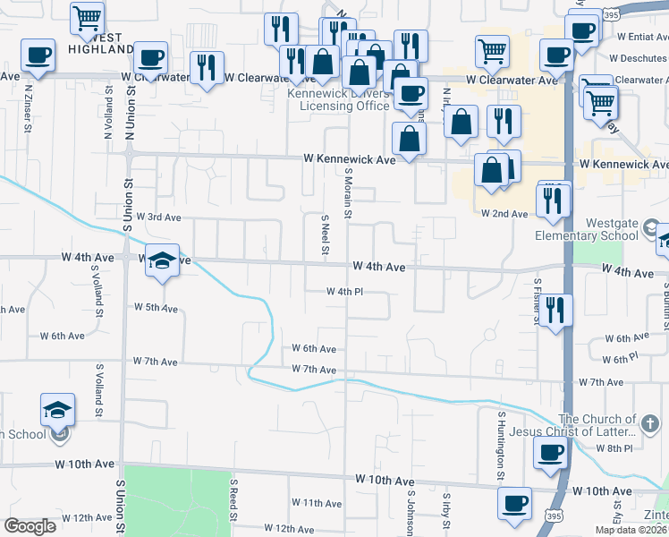 map of restaurants, bars, coffee shops, grocery stores, and more near 3615 West 4th Avenue in Kennewick