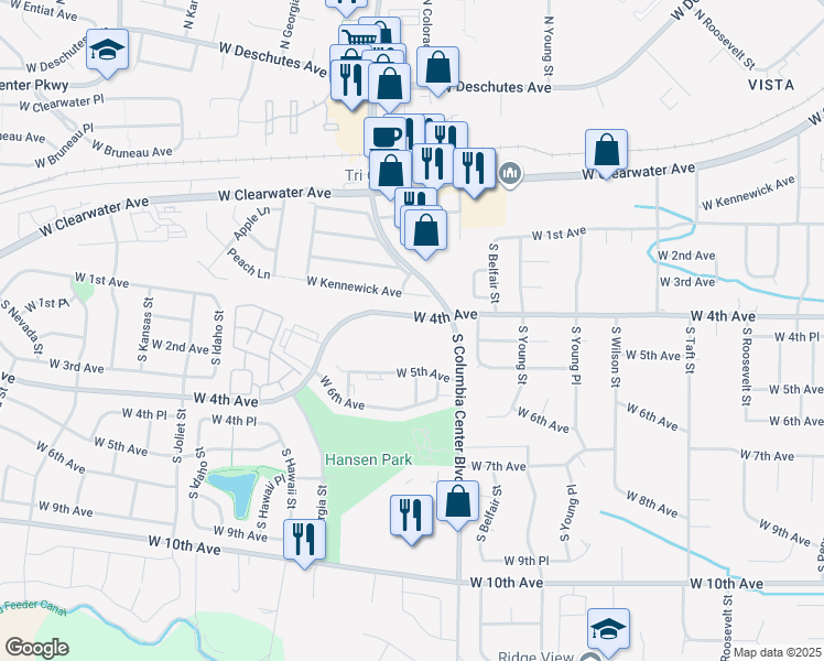 map of restaurants, bars, coffee shops, grocery stores, and more near 7701 West 4th Avenue in Kennewick