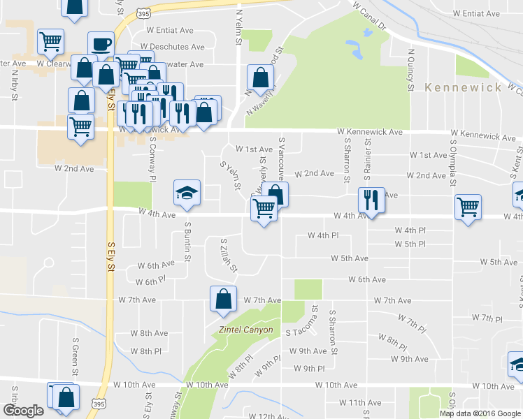 map of restaurants, bars, coffee shops, grocery stores, and more near 2202 West 4th Avenue in Kennewick