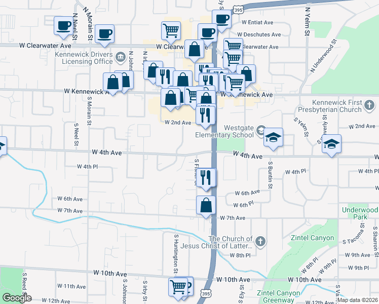 map of restaurants, bars, coffee shops, grocery stores, and more near in Kennewick