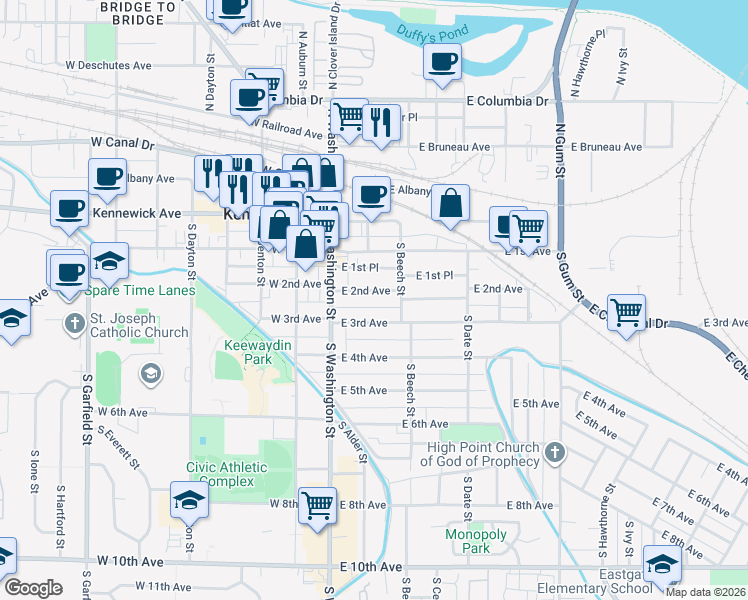 map of restaurants, bars, coffee shops, grocery stores, and more near 102 East 2nd Avenue in Kennewick