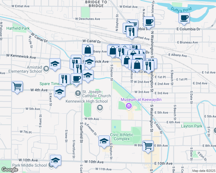 map of restaurants, bars, coffee shops, grocery stores, and more near 202 South Dayton Street in Kennewick