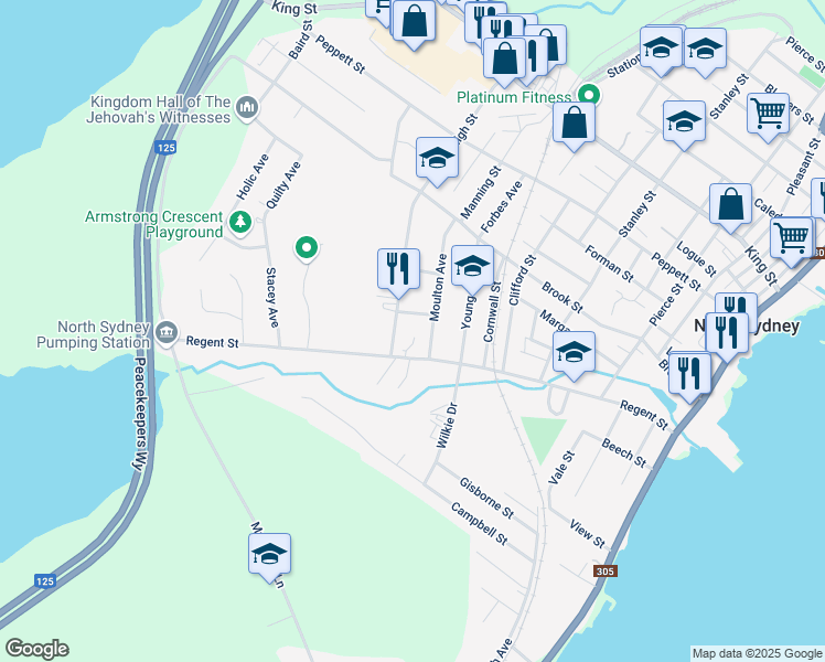map of restaurants, bars, coffee shops, grocery stores, and more near 83 Regent Street in North Sydney