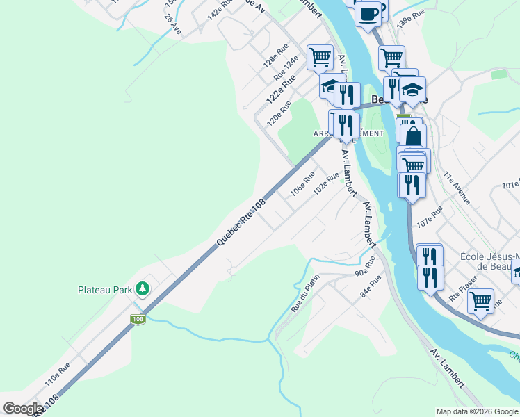 map of restaurants, bars, coffee shops, grocery stores, and more near 245 Québec 108 in Beauceville