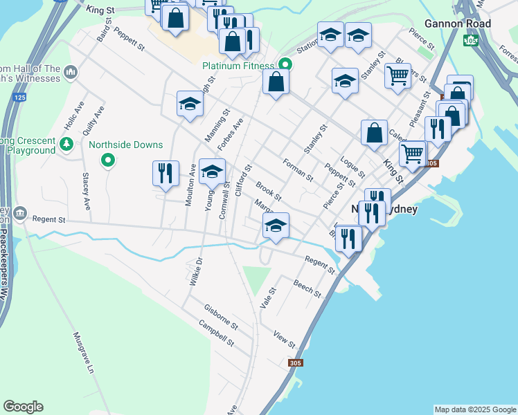 map of restaurants, bars, coffee shops, grocery stores, and more near 34 Margaret Street in North Sydney