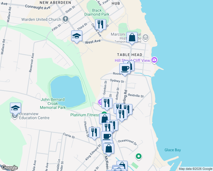 map of restaurants, bars, coffee shops, grocery stores, and more near 7 Gordon Street in Glace Bay