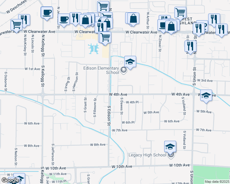 map of restaurants, bars, coffee shops, grocery stores, and more near 405 South Edison Street in Kennewick