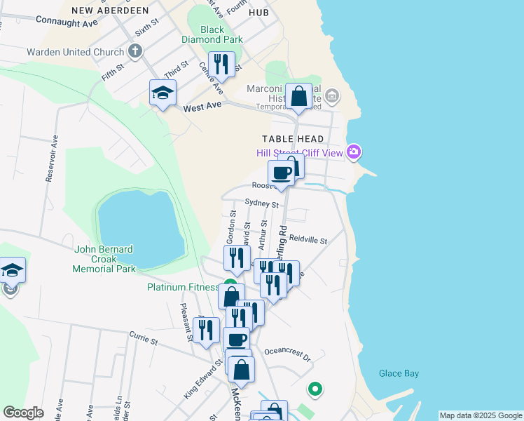 map of restaurants, bars, coffee shops, grocery stores, and more near 31 Arthur Street in Glace Bay