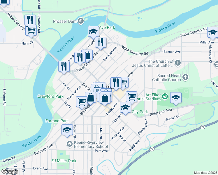 map of restaurants, bars, coffee shops, grocery stores, and more near in Prosser