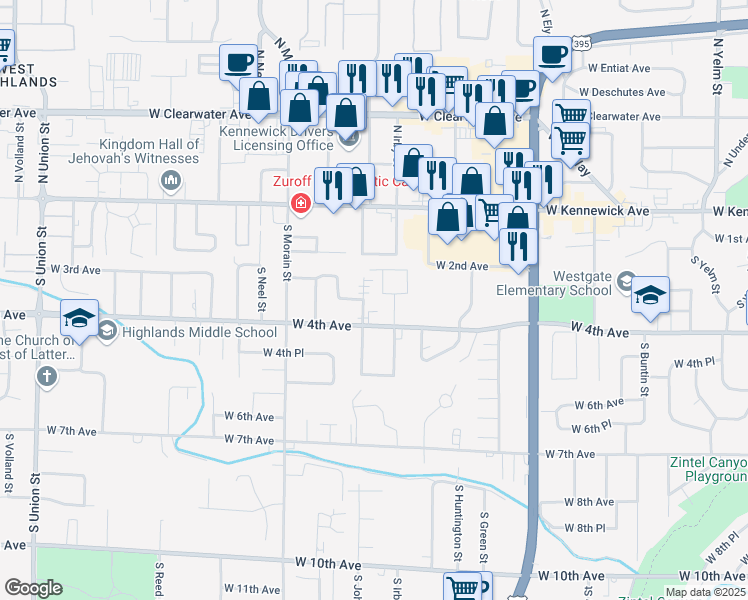 map of restaurants, bars, coffee shops, grocery stores, and more near 201 South Johnson Street in Kennewick