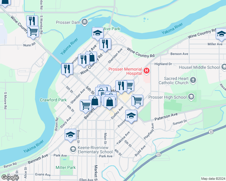 map of restaurants, bars, coffee shops, grocery stores, and more near in Prosser