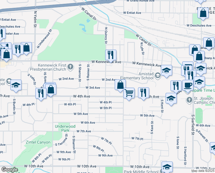 map of restaurants, bars, coffee shops, grocery stores, and more near 201 South Quincy Street in Kennewick