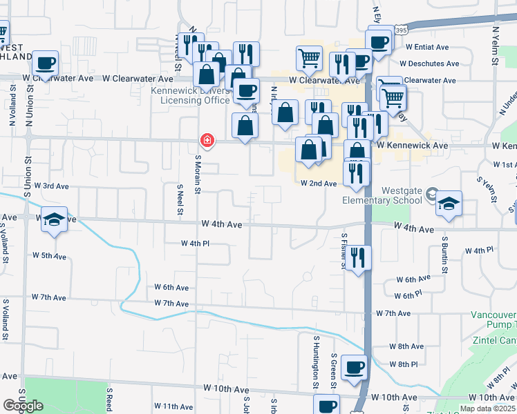 map of restaurants, bars, coffee shops, grocery stores, and more near 201 South Johnson Street in Kennewick