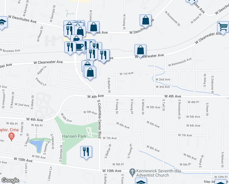 map of restaurants, bars, coffee shops, grocery stores, and more near 318 South Young Street in Kennewick
