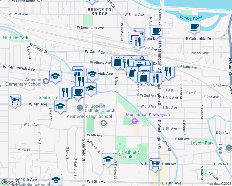 map of restaurants, bars, coffee shops, grocery stores, and more near 202 South Dayton Street in Kennewick