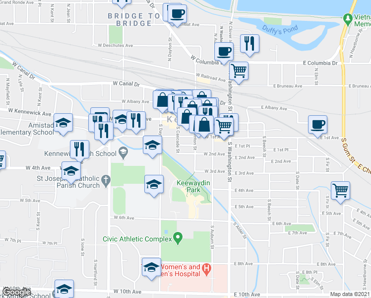 map of restaurants, bars, coffee shops, grocery stores, and more near 223 West 1st Avenue in Kennewick