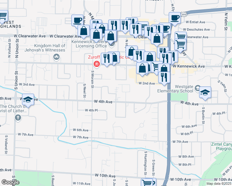map of restaurants, bars, coffee shops, grocery stores, and more near 201 South Johnson Street in Kennewick