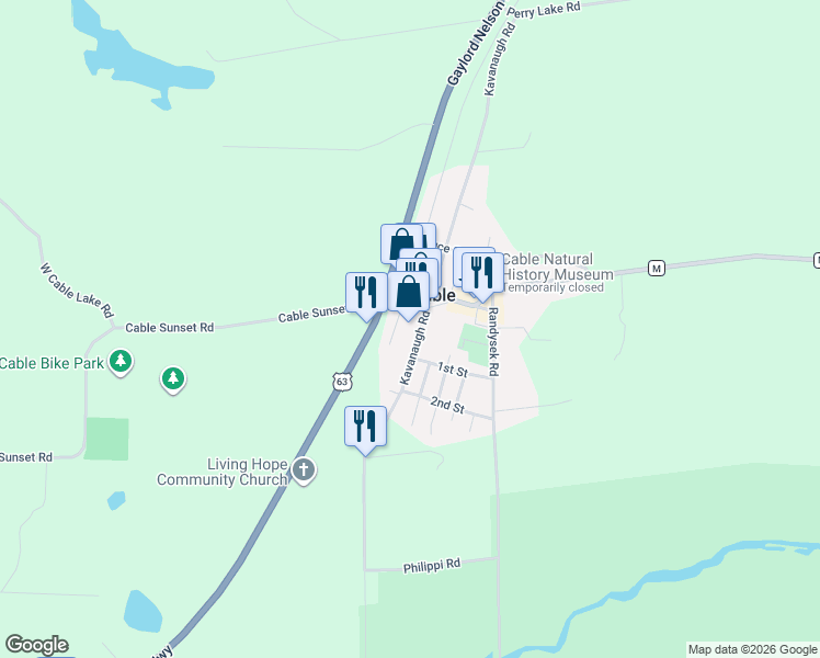 map of restaurants, bars, coffee shops, grocery stores, and more near 43490 US Highway 63 in Cable