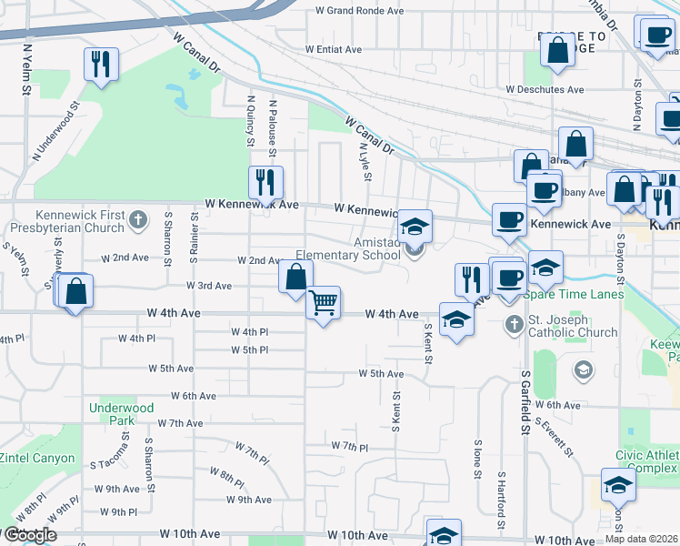 map of restaurants, bars, coffee shops, grocery stores, and more near 1206 West 2nd Avenue in Kennewick