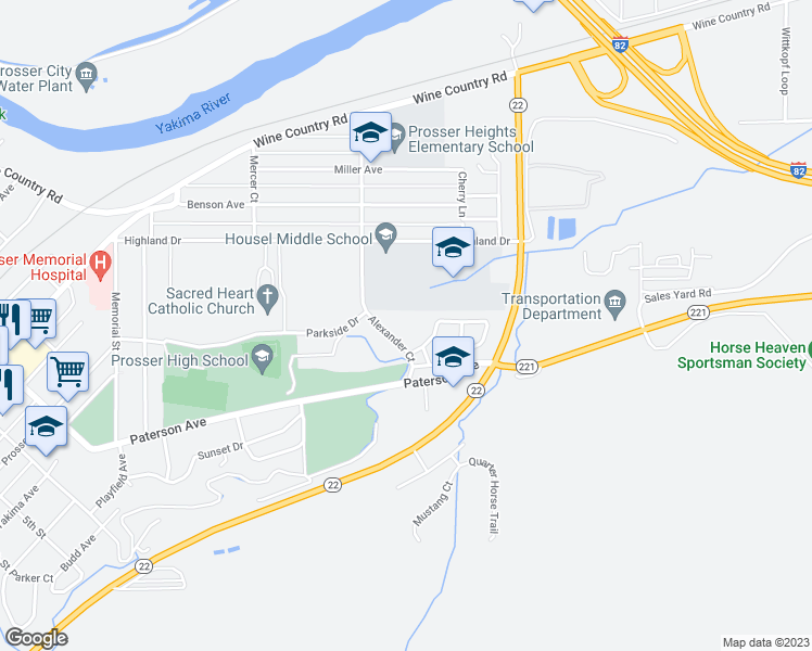 map of restaurants, bars, coffee shops, grocery stores, and more near 900 Alexander Court in Prosser