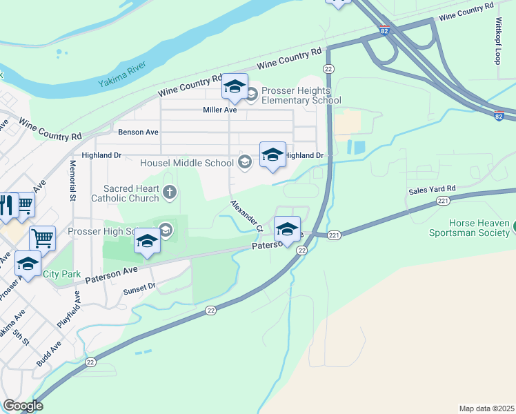 map of restaurants, bars, coffee shops, grocery stores, and more near 900 Alexander Court in Prosser
