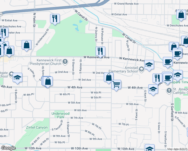 map of restaurants, bars, coffee shops, grocery stores, and more near 201 South Quincy Street in Kennewick