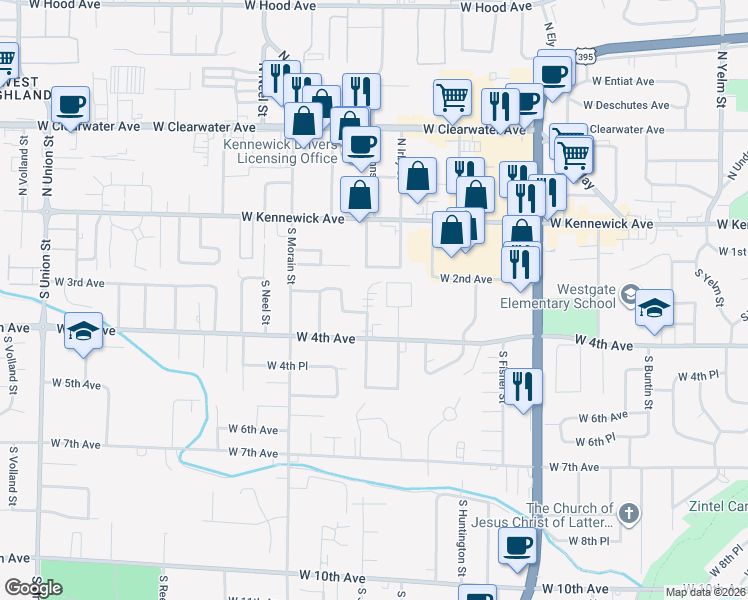 map of restaurants, bars, coffee shops, grocery stores, and more near 215 South Johnson Street in Kennewick