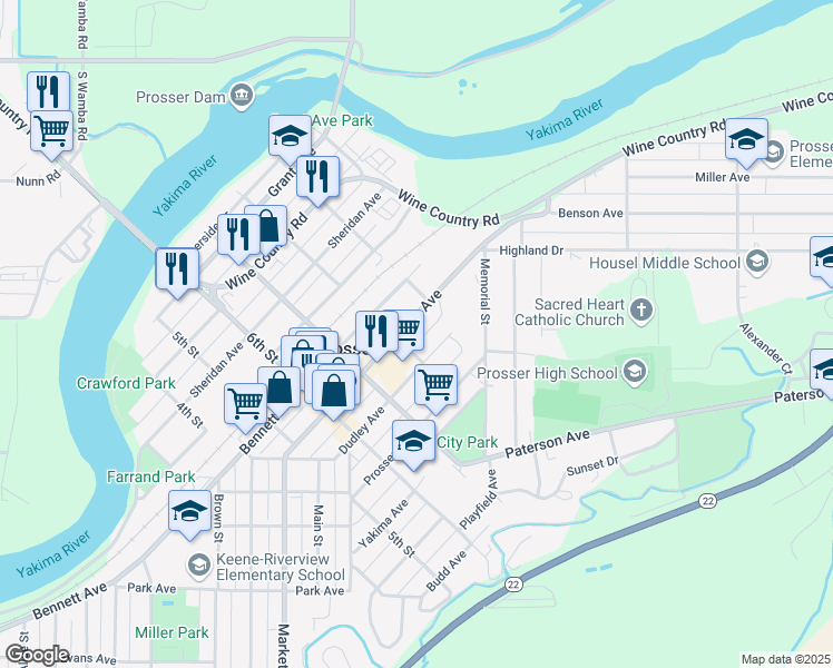 map of restaurants, bars, coffee shops, grocery stores, and more near 1419 Meade Avenue in Prosser