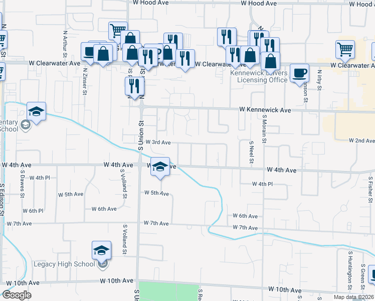 map of restaurants, bars, coffee shops, grocery stores, and more near 4115 West 3rd Avenue in Kennewick