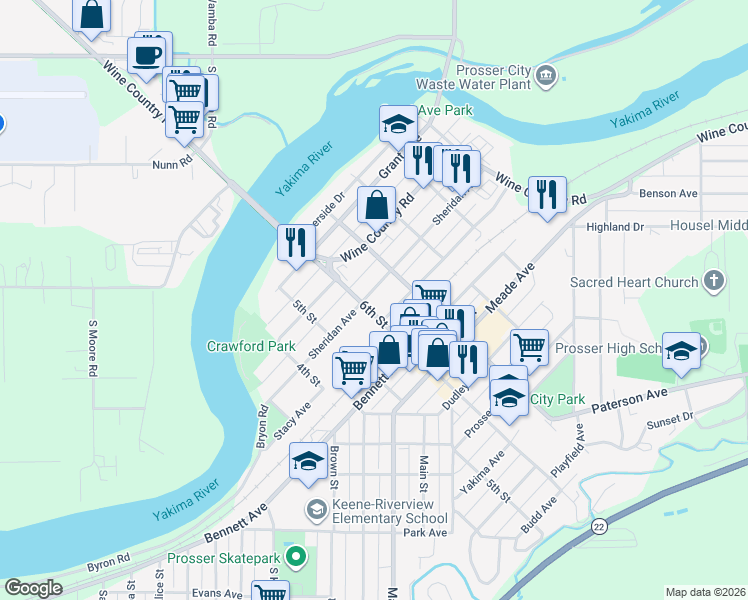 map of restaurants, bars, coffee shops, grocery stores, and more near 1215 Sheridan Ave in Prosser