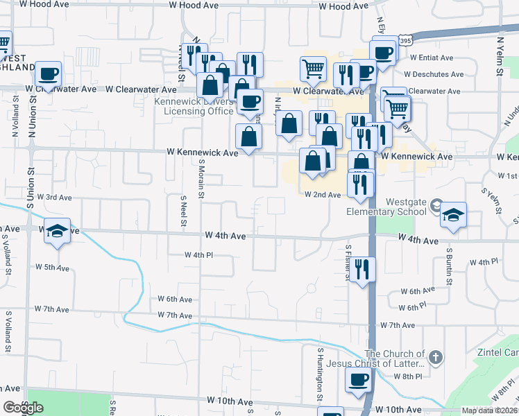 map of restaurants, bars, coffee shops, grocery stores, and more near 215 South Johnson Street in Kennewick