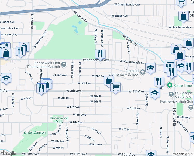 map of restaurants, bars, coffee shops, grocery stores, and more near 201 South Quincy Street in Kennewick