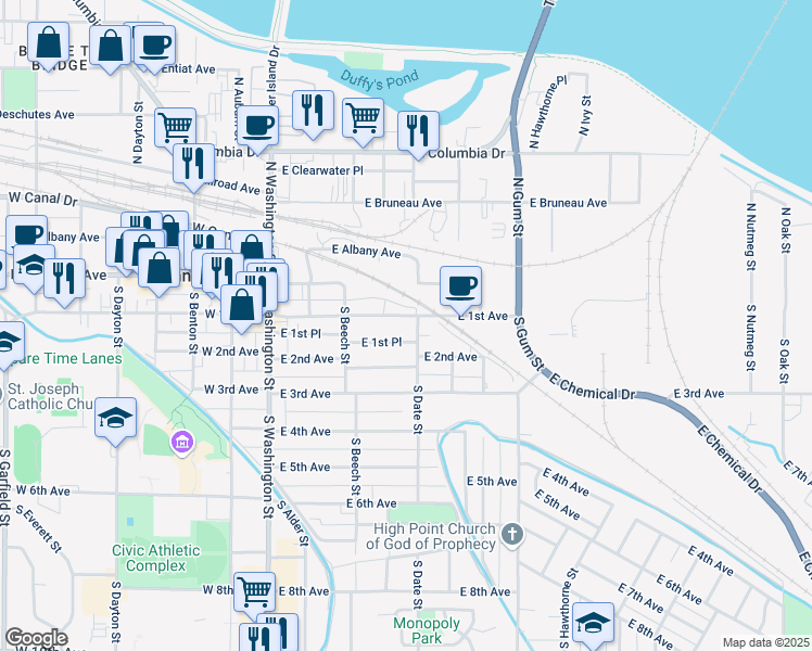 map of restaurants, bars, coffee shops, grocery stores, and more near 306 East 1st Avenue in Kennewick