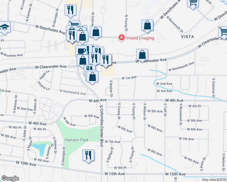 map of restaurants, bars, coffee shops, grocery stores, and more near 214 South Young Street in Kennewick
