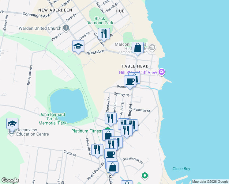 map of restaurants, bars, coffee shops, grocery stores, and more near 21 Sydney Street in Glace Bay