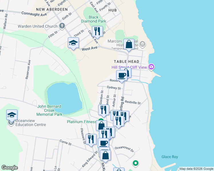 map of restaurants, bars, coffee shops, grocery stores, and more near 21 Sydney Street in Glace Bay