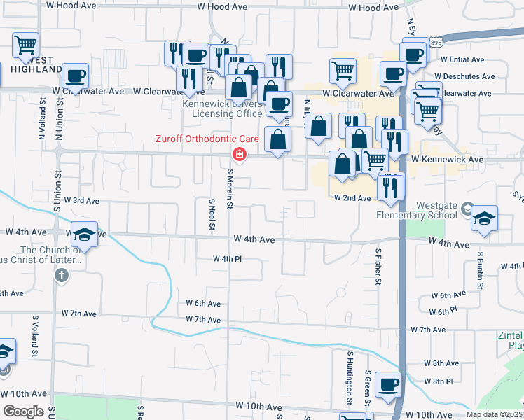map of restaurants, bars, coffee shops, grocery stores, and more near 3317 West 3rd Avenue in Kennewick