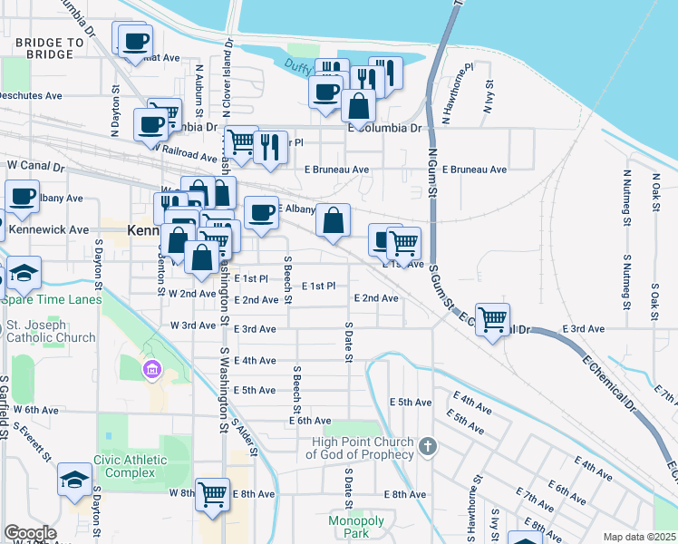 map of restaurants, bars, coffee shops, grocery stores, and more near 306 East 1st Avenue in Kennewick