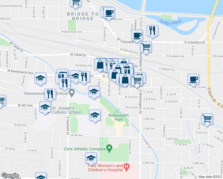 map of restaurants, bars, coffee shops, grocery stores, and more near 223 West 1st Avenue in Kennewick
