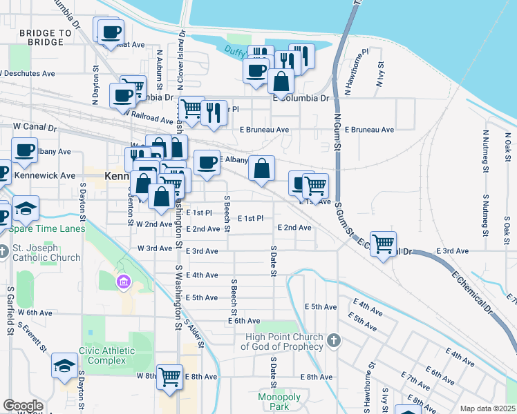 map of restaurants, bars, coffee shops, grocery stores, and more near 306 East 1st Avenue in Kennewick