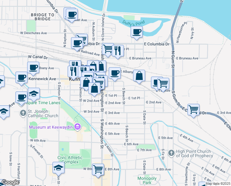 map of restaurants, bars, coffee shops, grocery stores, and more near 102 East 1st Avenue in Kennewick