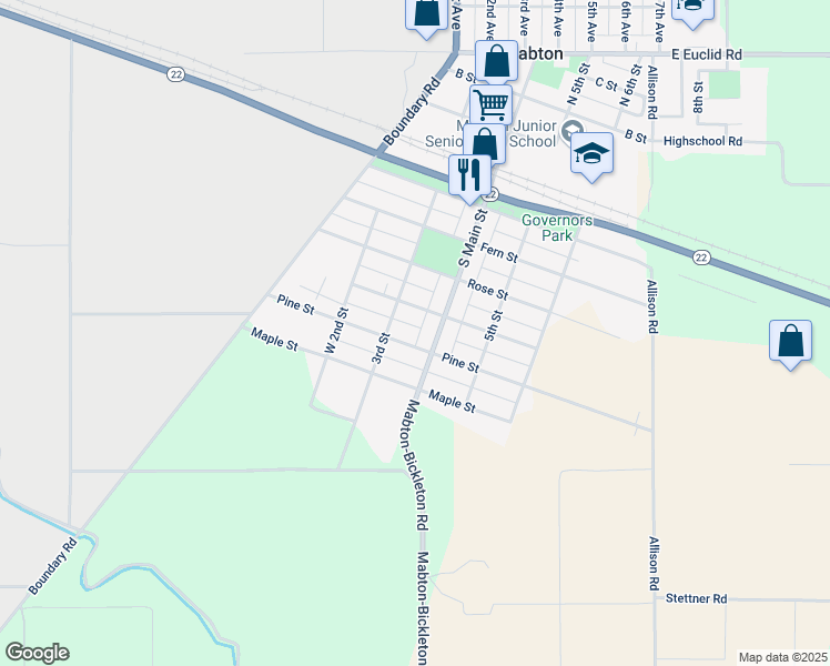 map of restaurants, bars, coffee shops, grocery stores, and more near 313 Pine Street in Mabton