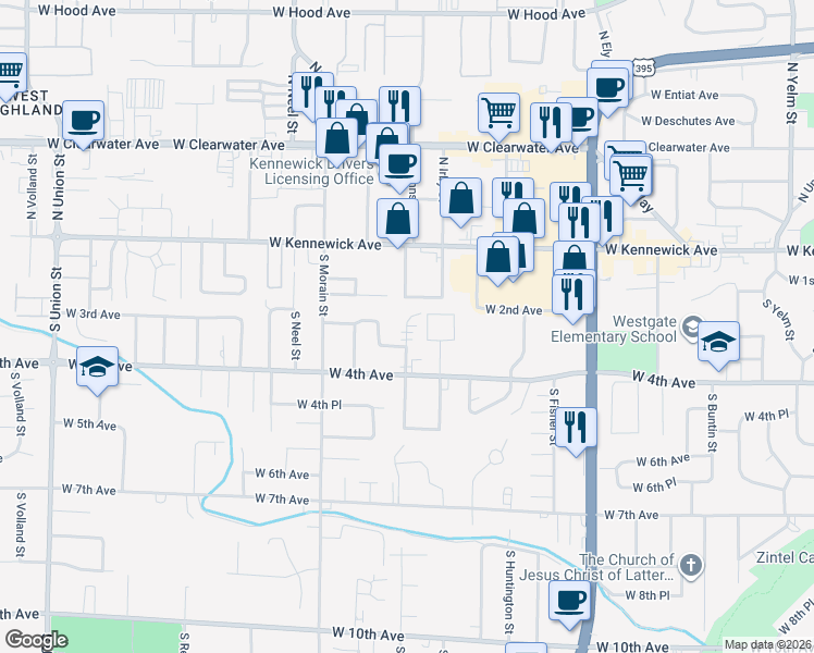 map of restaurants, bars, coffee shops, grocery stores, and more near 215 South Johnson Street in Kennewick