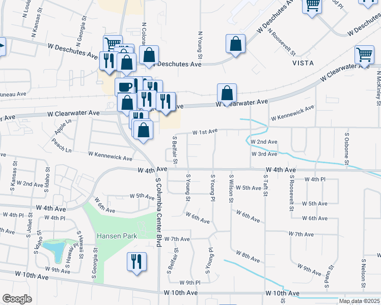 map of restaurants, bars, coffee shops, grocery stores, and more near 214 South Young Street in Kennewick