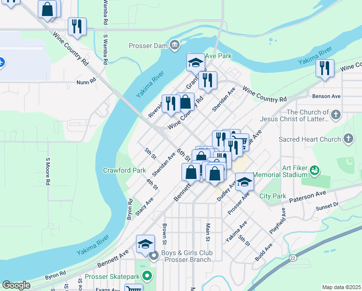 map of restaurants, bars, coffee shops, grocery stores, and more near 1215 Sheridan Ave in Prosser