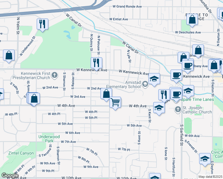 map of restaurants, bars, coffee shops, grocery stores, and more near 1233 West 2nd Avenue in Kennewick