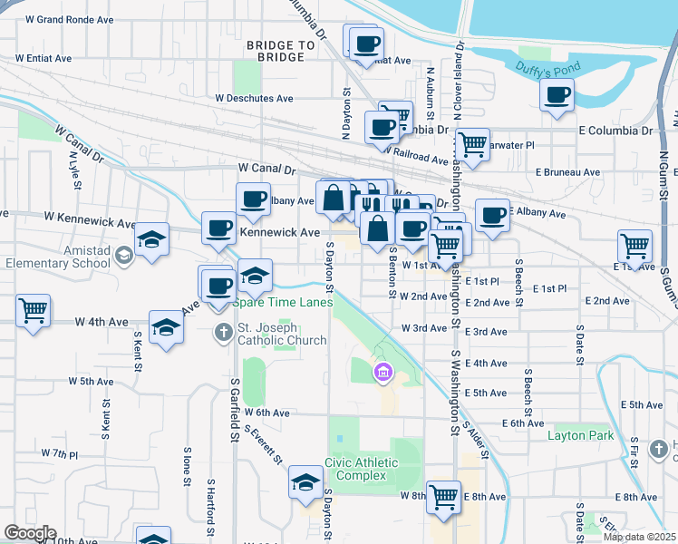map of restaurants, bars, coffee shops, grocery stores, and more near 319 West 1st Avenue in Kennewick